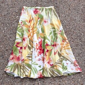 Linda Allard Ellen Tracy 100% Silk Midi Tropical Floral A-Line Skirt Size 8